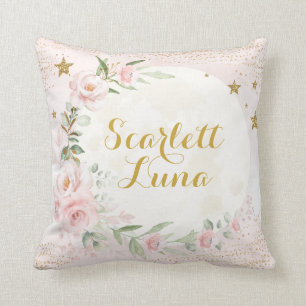 Coussin Jolie Lune & Étoiles Rose Blush Or Floral Nursery