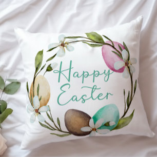 Coussin Jolie Pâques Taupe Oeufs Roses Elégante Aquarelle