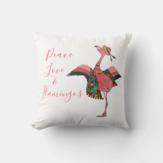 Coussin Jolie rose Boho Paix Amour et Flamants roses (Recto)