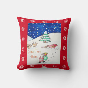 Coussin Jolie scène de neige de noël avec père Noël et tra