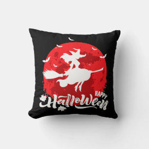 Coussin Jolie sorcière volant balai contre pleine lune rou