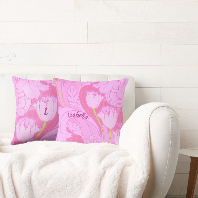 Coussin Jolie Tulipe rose avec nom et florale initiale (Créateur téléchargé)