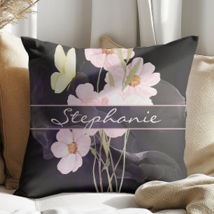 Coussin Jolies Fleurs Aquarelle Misty Avec Papillon Noir