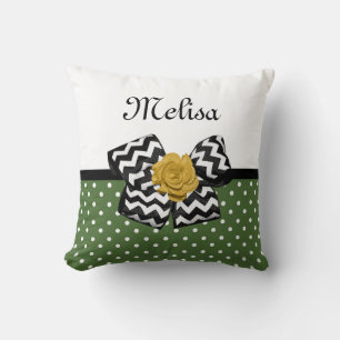Coussin Jolis points verts Rose jaune Chevron Nœud et nom