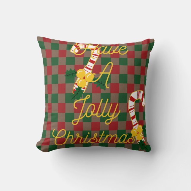 Coussin Jolly Noël Rouge Vert Checker Sucre de canne Plaid (Recto)