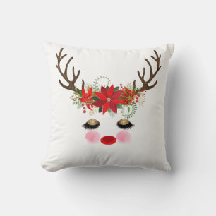 Coussin Joues roses yeux dorés floral renne de Noël
