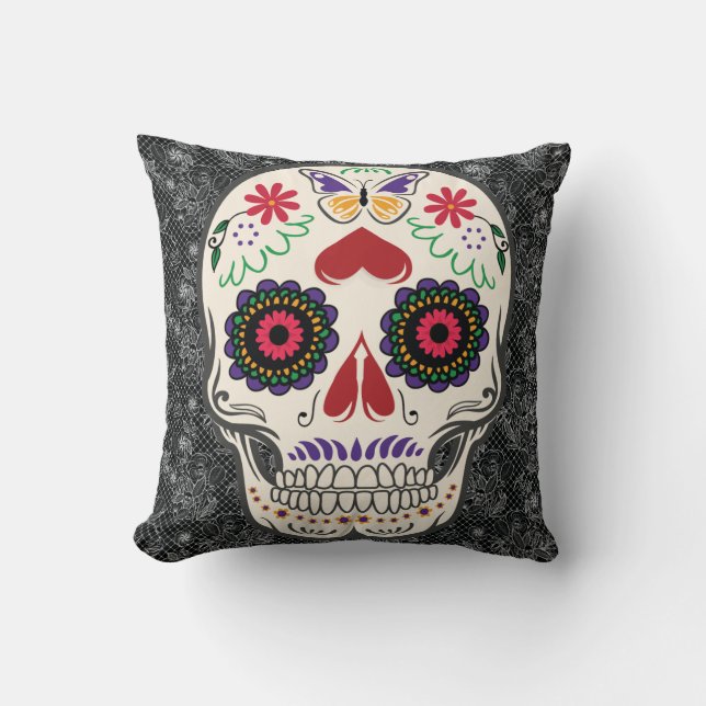Coussin Jour de crâne de sucre de papillon de l'art (Recto)