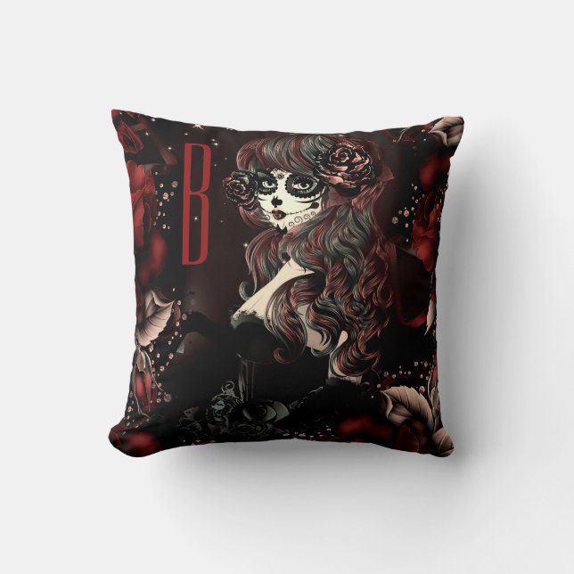 Coussin Jour de la mort mexicaine crâne sucre fille rouge (Recto)