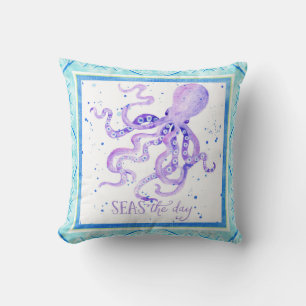Coussin Jour de la plage d'Octopus Ocean Watercolor Art
