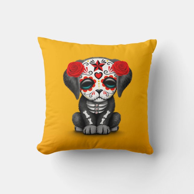 Coussin Jour rouge mignon du jaune mort de chiot (Recto)