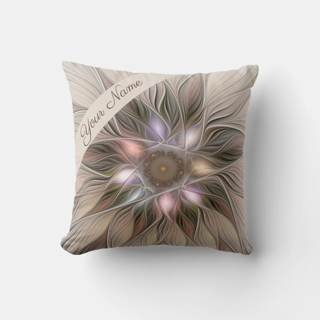 Coussin Joyeuse Fleur Abstrait Art Beige Brown Nom floral (Recto)