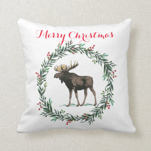 Coussin Joyeuse Moose De Noël Et Serre Holly