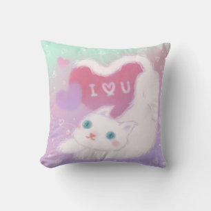Coussin Joyeuse Saint-Valentin avec chat blanc duveteux