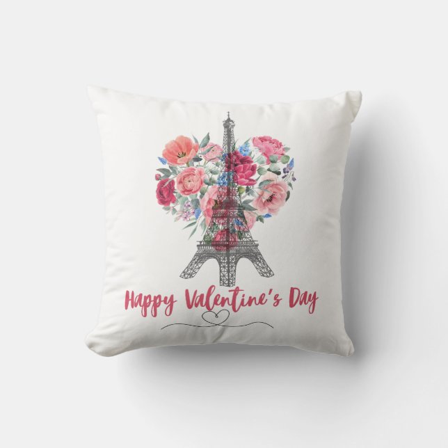 Coussin Joyeuse Saint Valentin|Tour Eiffel|Coeur des fleur (Recto)