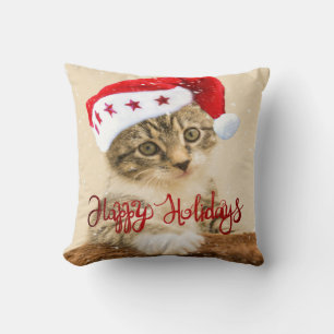 Coussin Joyeuses Fêtes,Chat Avec Chapeau De Père Noël
