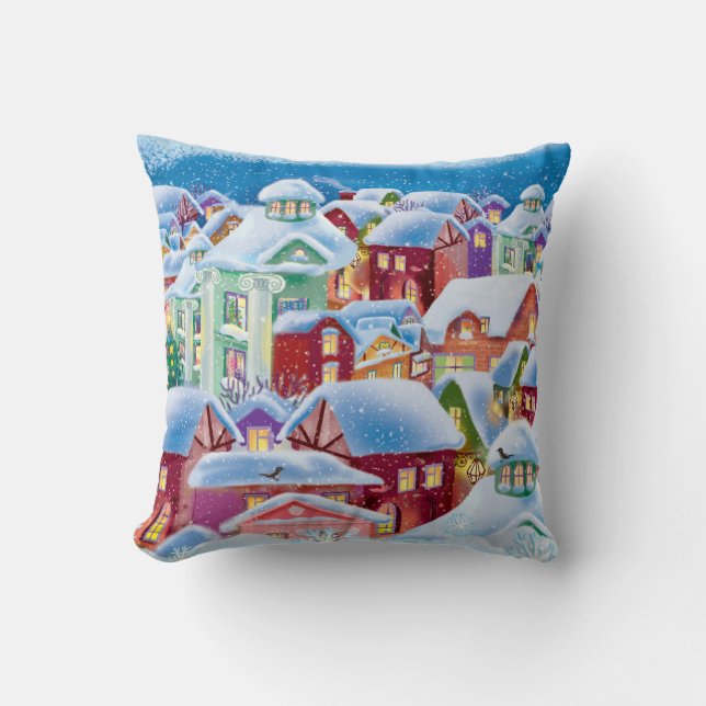 Coussin Joyeuses maisons du Nouvel An enneigées (Recto)