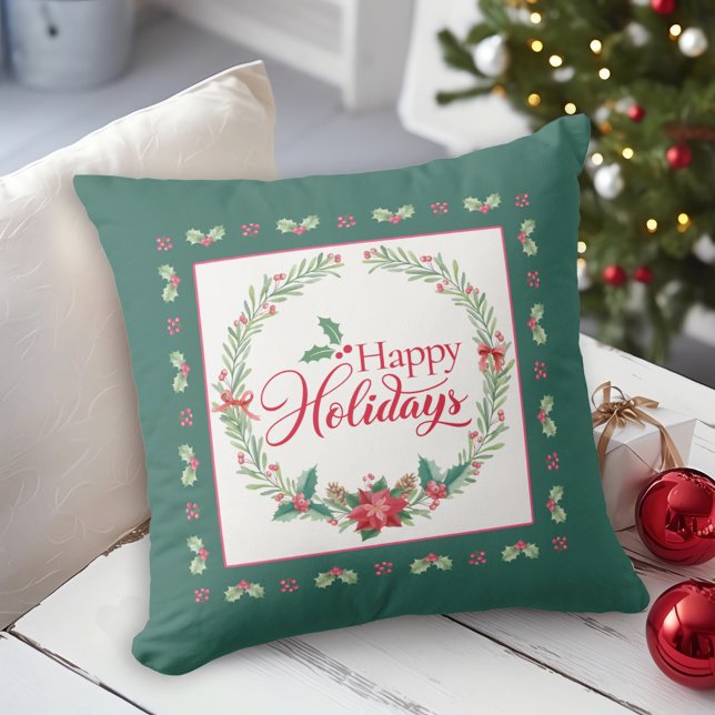Coussin Joyeuses Vacances Holly Wreath Christmas Throw Pil (Créateur téléchargé)