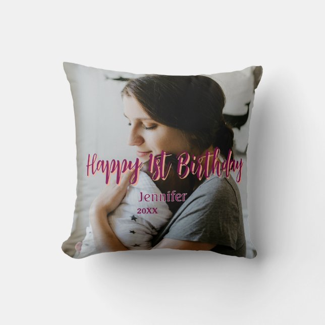Coussin Joyeux 1er anniversaire enfant bébé mère rouge ora (Recto)