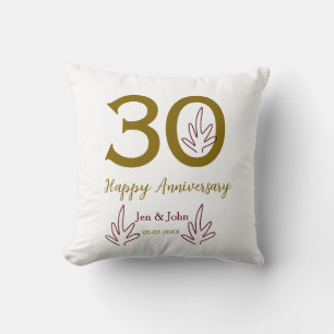Coussin Joyeux 30e anniversaire nom date feuille rouge dor