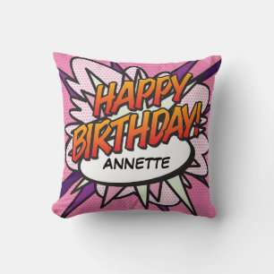 Coussin JOYEUX ANNIVERSAIRE Amusant Rétro Bande Dessinée P
