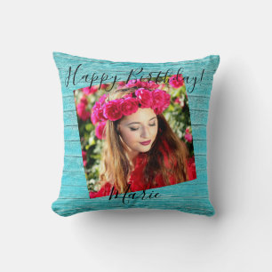 Coussin Joyeux Anniversaire Photo Rustique Bleu Bois Jetan