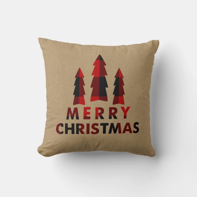 Coussin Joyeux Arbres de Noël Rustiques Buffalo Rouge Plai (Recto)