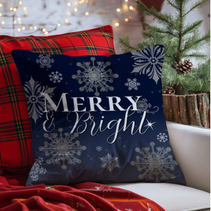 Coussin Joyeux bleu et flèches de neige brillantes Noël