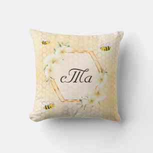 Coussin Joyeux bosse abeilles jaune nid d'abeille monogram