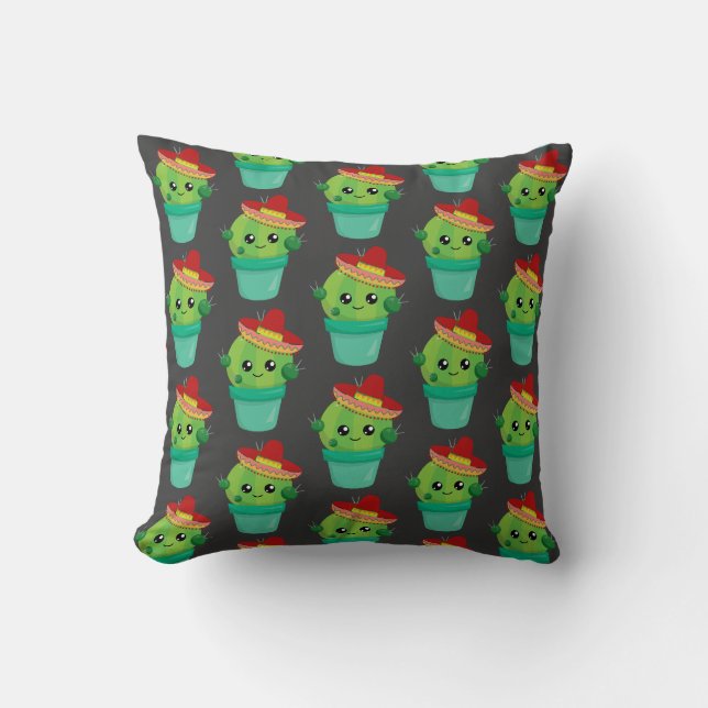 Coussin Joyeux cactus vert dans un Motif du Sombrero rouge (Recto)