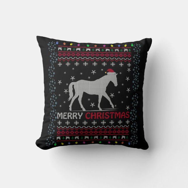 Coussin Joyeux Cheval de Noël avec chapeau de Père Noël (Recto)