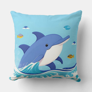 Coussin Joyeux Dauphin de dessin nager dans l'eau bleue