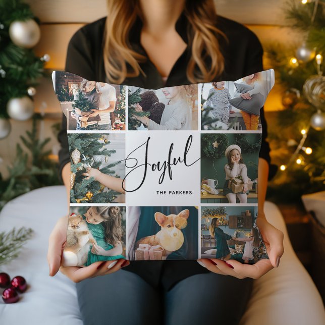 Coussin Joyeux | Élégant Script Multi Photo Noël (A black and white Christmas pillow that says "Joyful" in elegant script, with eight of your photos)