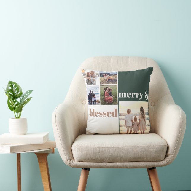 Coussin Joyeux et bienheureux Noël de famille Photo verte (Chaise)
