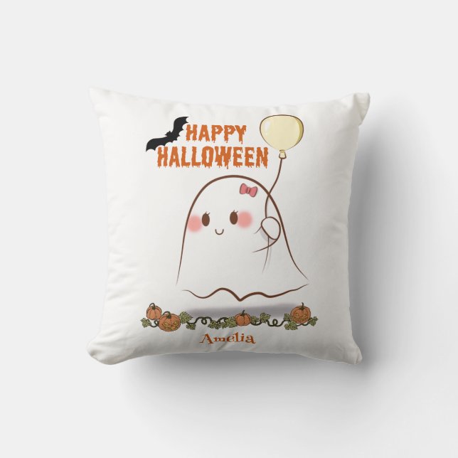 Coussin Joyeux Fantôme D'Halloween Tenant Un Nom De Ballon (Recto)