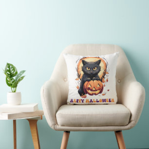 Coussin Joyeux Halloween Chat noir Citrouille Halloween