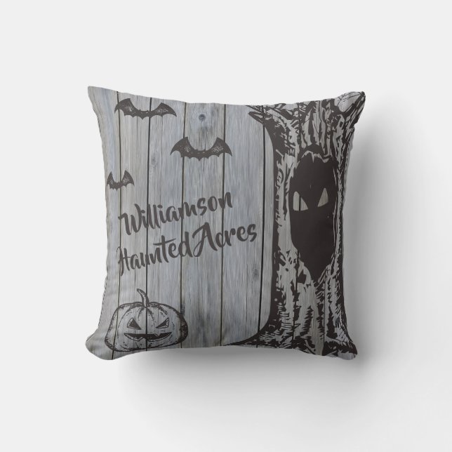 Coussin Joyeux Halloween rustique ferme Acres Gris chauves (Recto)