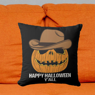 Coussin Joyeux Halloween Y'all Funny Cowboy Jack-o'-lanter