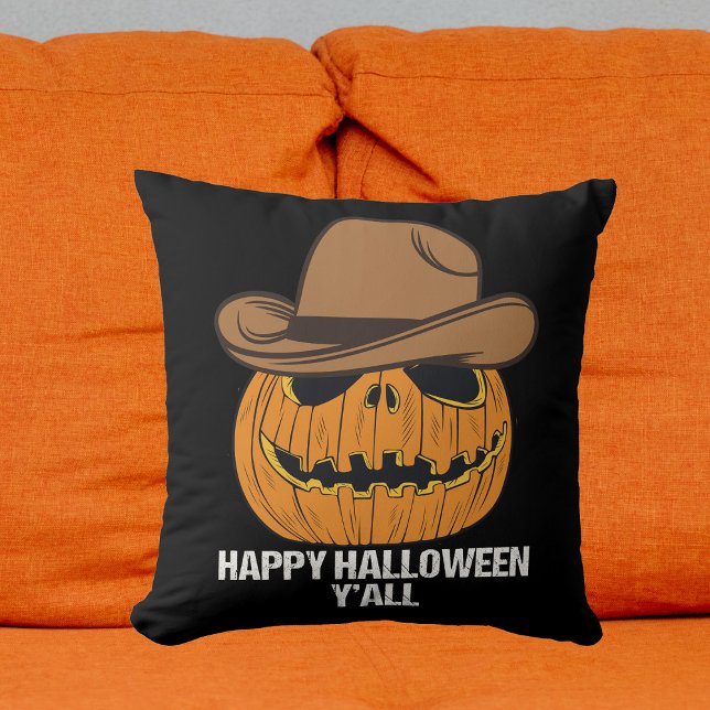 Coussin Joyeux Halloween Y'all Funny Cowboy Jack-o'-lanter (Créateur téléchargé)