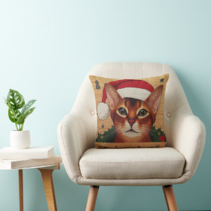 Coussin Joyeux Noël Abyssinian Chat, Noël Père Noël Kitten