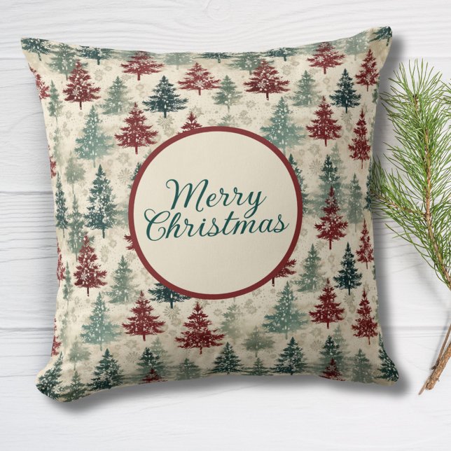 Coussin Joyeux Noël Aquarelle Forêt sapin (Créateur téléchargé)