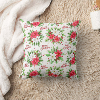 Coussin Joyeux Noël au poinsettia aquarelle élégant