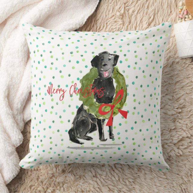Coussin Joyeux Noël Black Lab Chien Wreath Holly Famille (Couverture)