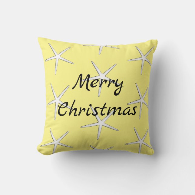 Coussin Joyeux Noël Blanc Starfish Motif Cadeau Jaune (Recto)