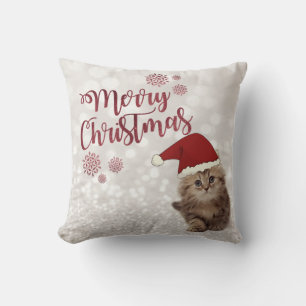 Coussin Joyeux Noël, Bokeh Gliterie, Chat Avec Chapeau De 