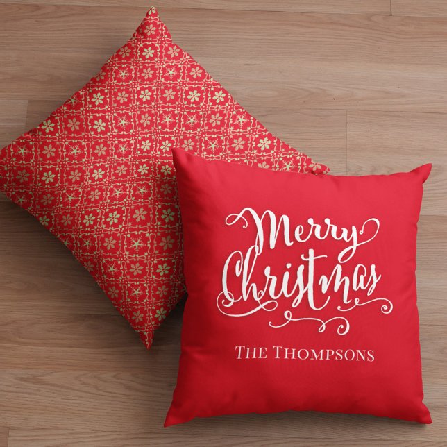 Coussin Joyeux Noël Calligraphie Script Flocon de neige ro (Merry Christmas calligraphy script red snowflake throw pillow)