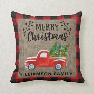 Coussin Joyeux Noël Camion rouge Rouge Buffalo chèque fami