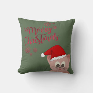 Coussin Joyeux Noël, Chat avec chapeau de Père Noël