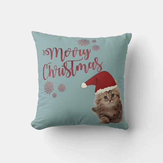 Coussin Joyeux Noël, Chat avec chapeau de Père Noël (Recto)
