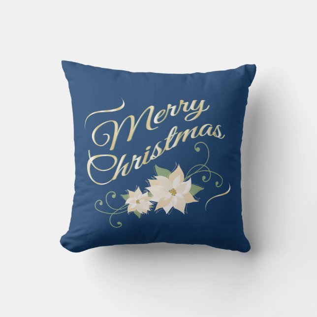 Coussin Joyeux Noël de bleu et d'or et poinsettias (Recto)