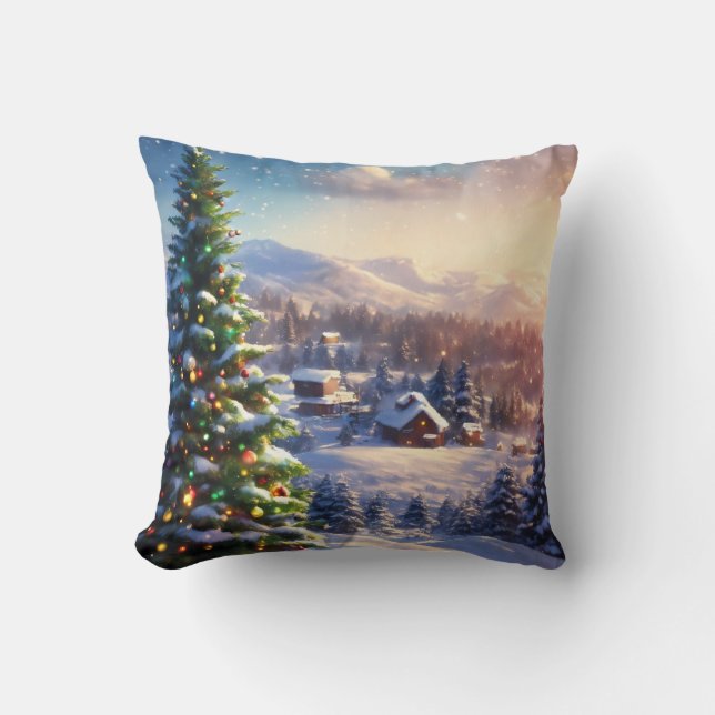 Coussin Joyeux Noël de neige déco bleu et blanc (Recto)